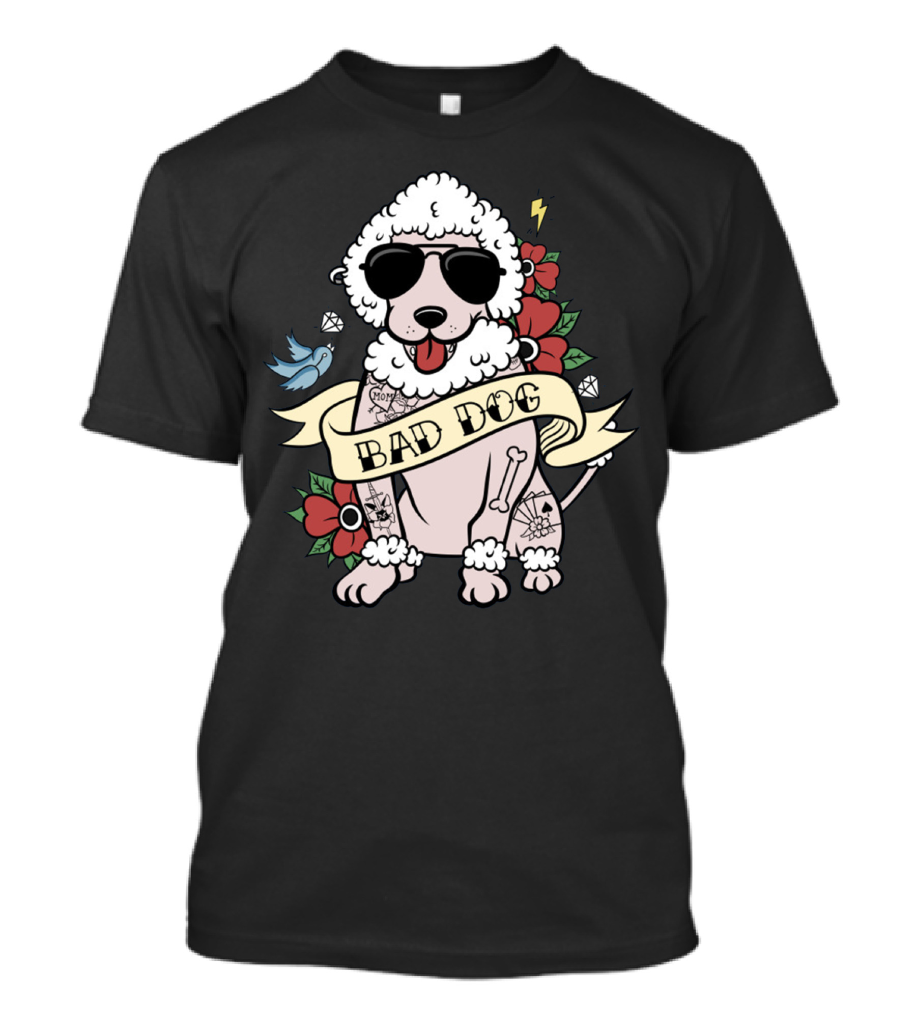 Poodle Bad Dog Wearing Sunglasses Tattoo Style With Lightning Flowers And Blue Bird T-Shirt