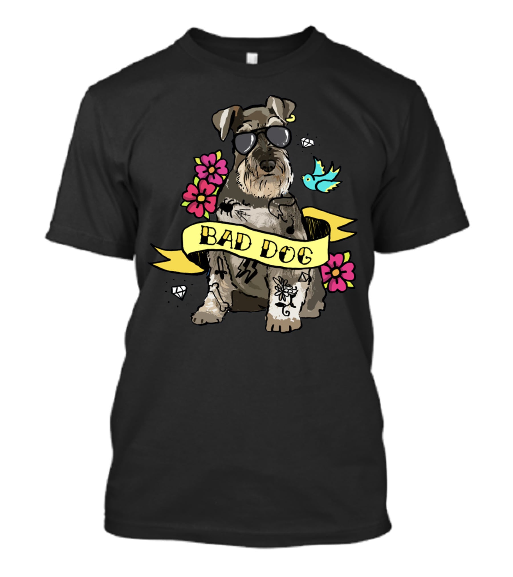 Schnauzer Bad Dog Tattoo Style With Flowers And Bird T-Shirt