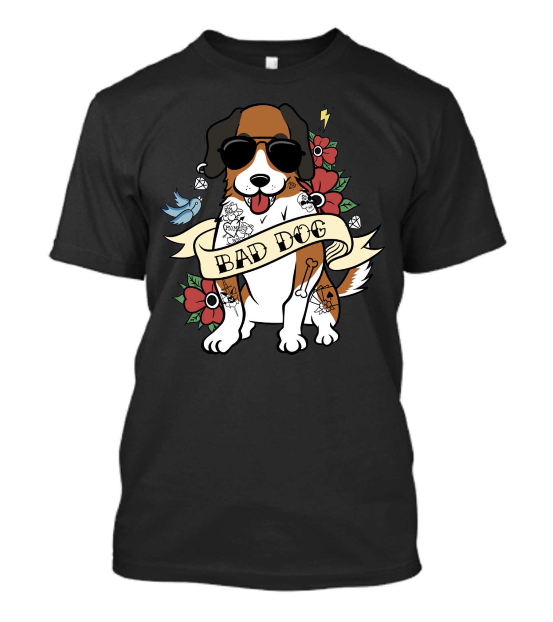 St Bernard Bad Dog Sunglasses Tattoo Flowers Bird Lightning Jewelry T-Shirt