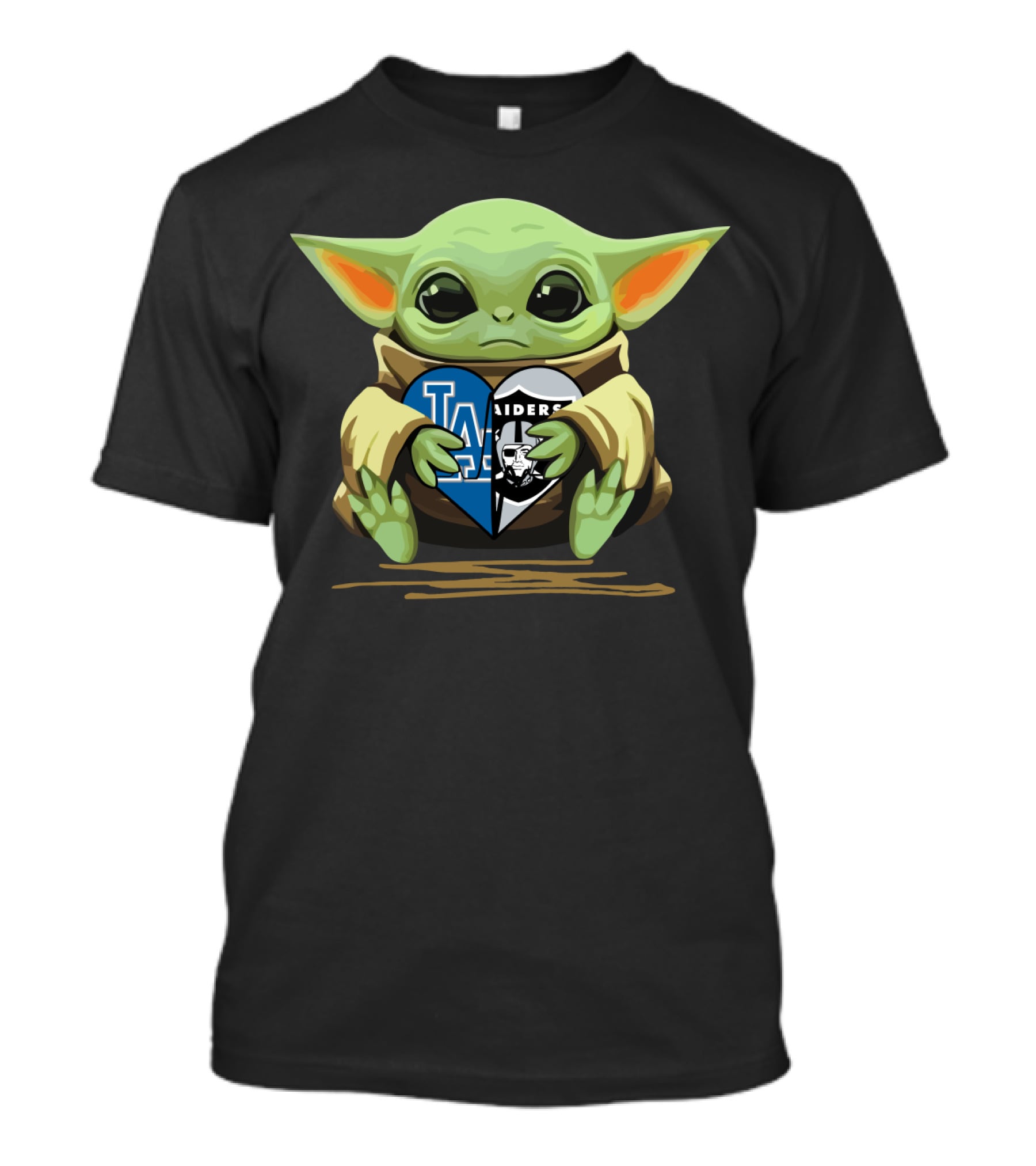 Baby Yoda Holding Heart With Raiders Dodgers Logos T-Shirt
