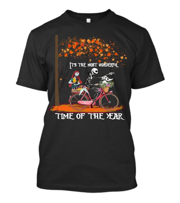 Jack And Sally It's The Most Wonderful Time Of The Year Bicycle Ride Under Autumn Tree T-Shirt