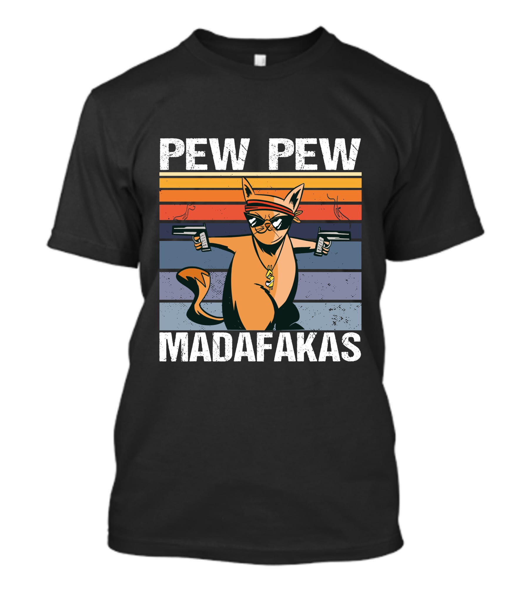 Pew Pew Madafakas Cat With Sunglasses And Retro Stripes T-Shirt