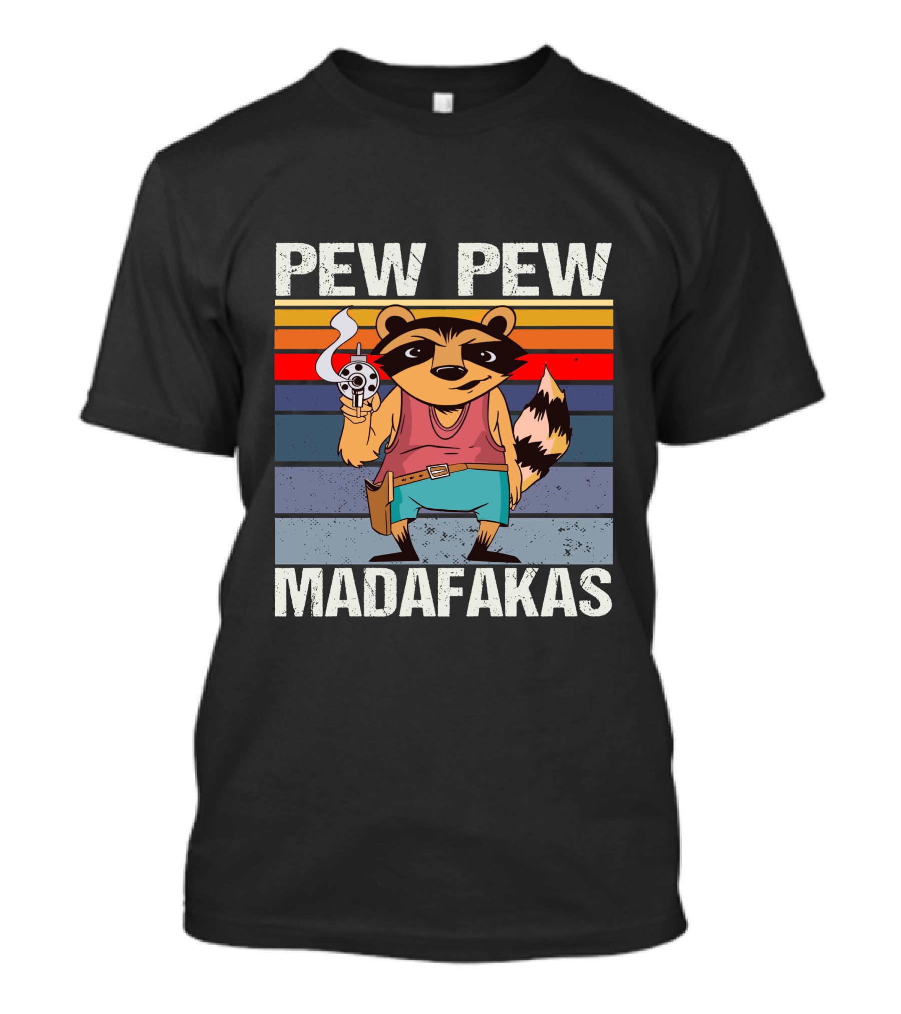 Pew Pew Madafakas Raccoon Retro Stripes Smoking Gun T-Shirt