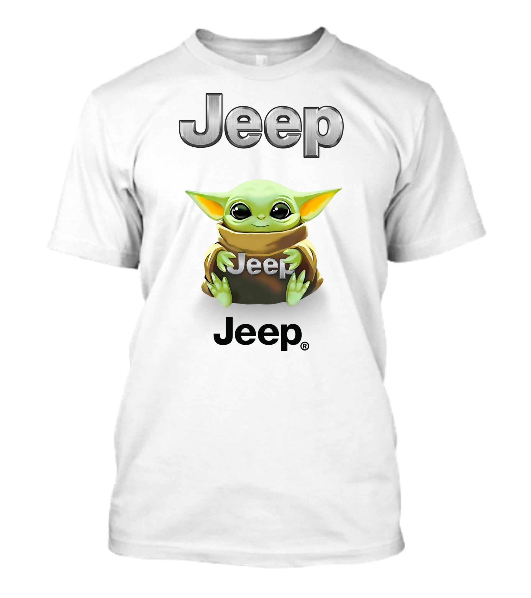 Baby Yoda Holding Jeep Logo With White T-Shirt