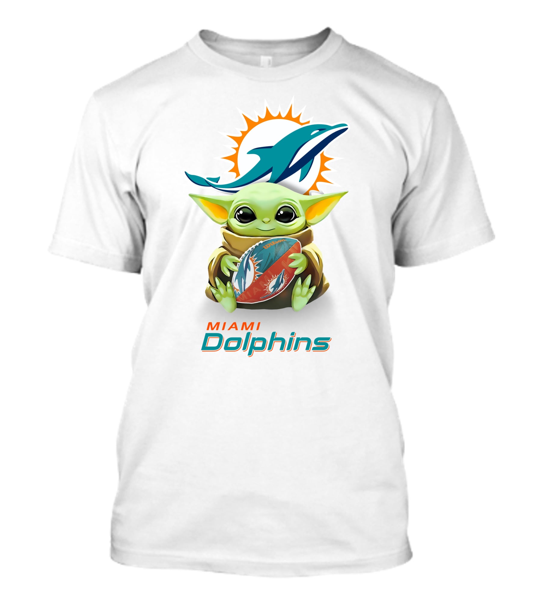 Baby Yoda With Miami Dolphins Logo And Football T-Shirt