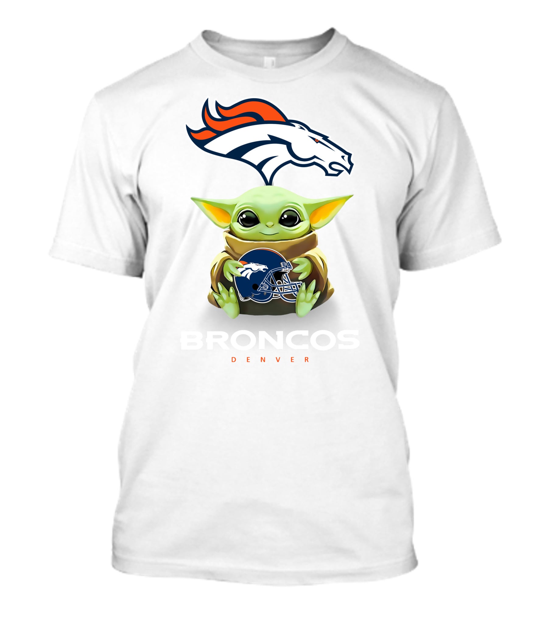 Baby Yoda Holding Denver Broncos Helmet With Broncos T-Shirt