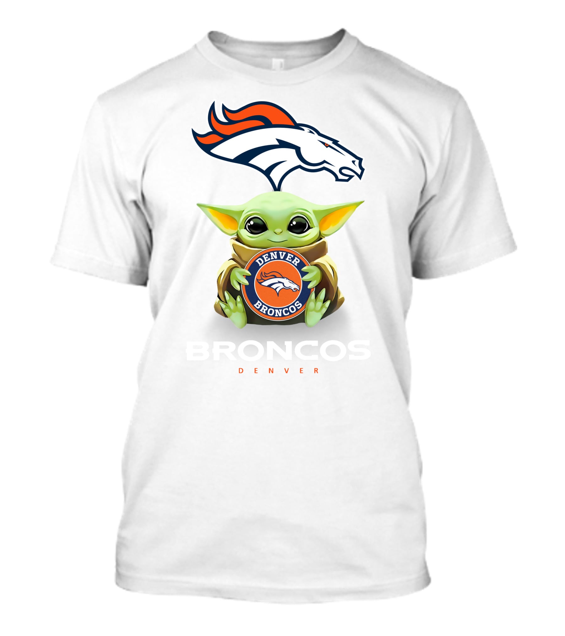 Baby Yoda Hug Denver Broncos Denver Broncos Bronco Denver White T-Shirt