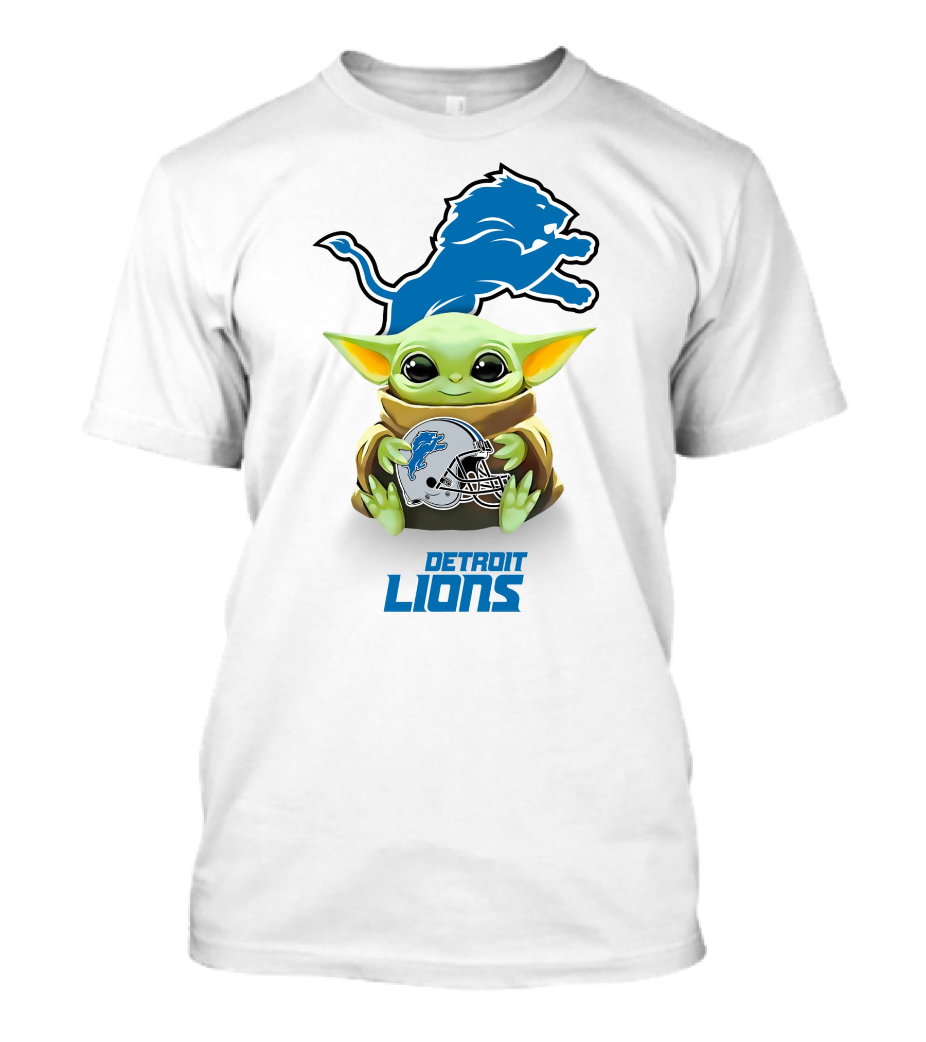 Baby Yoda With Detroit Lions Logo And Helmet Featuring Blue Lion T-Shirt