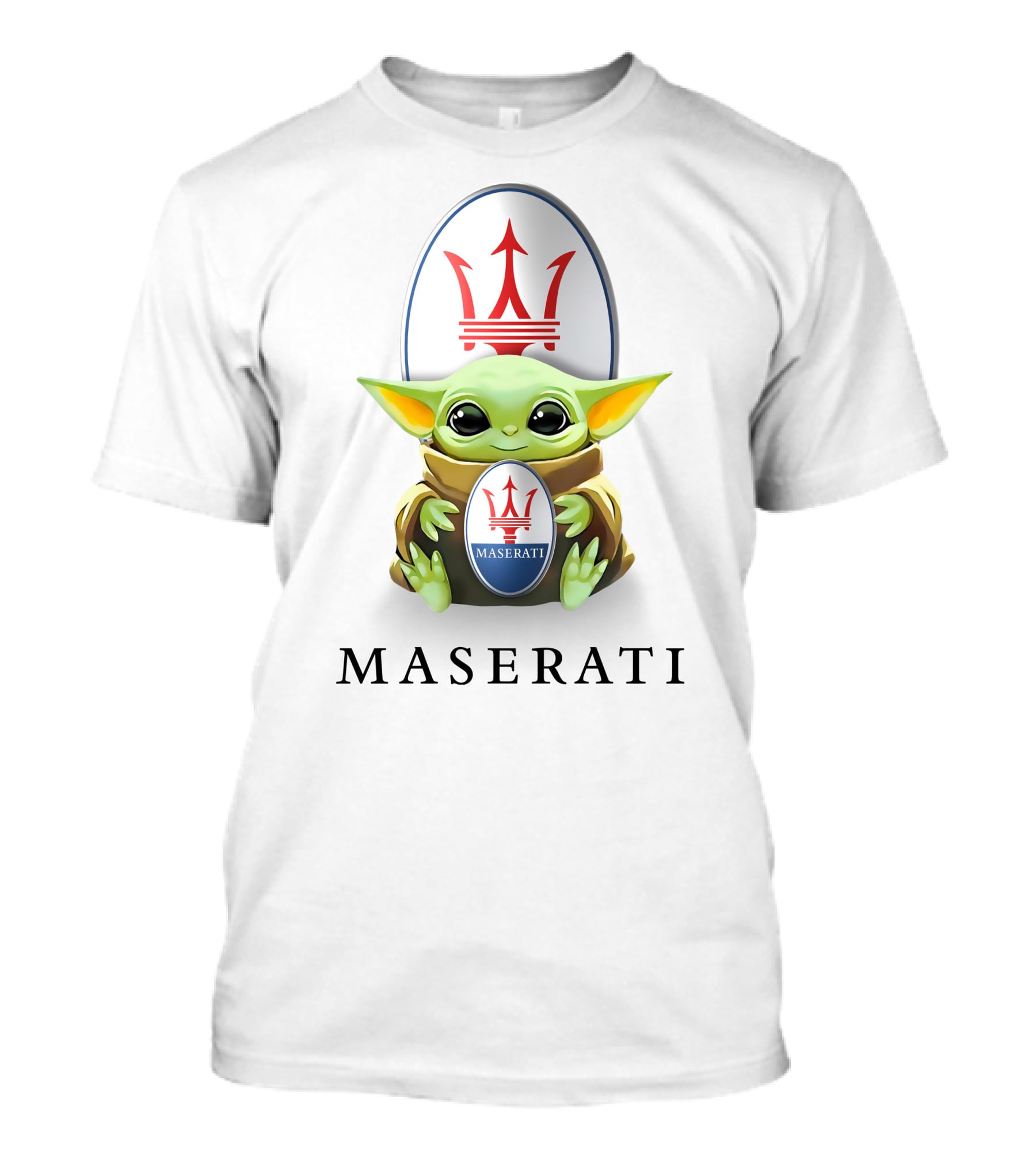 Maserati Emblem With Baby Yoda Hugging Iconic Logo White Background T-Shirt