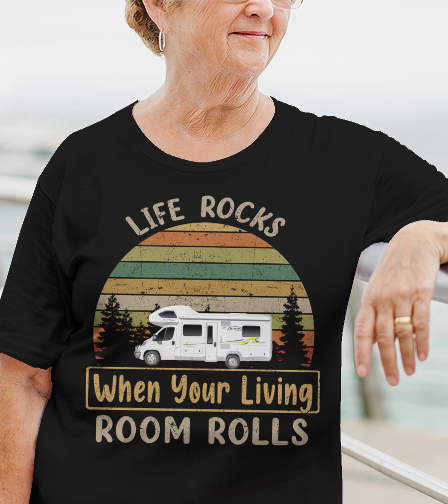 Life Rocks When Your Living Room Rolls Avan Motorhome Vintage Stripes T-Shirt