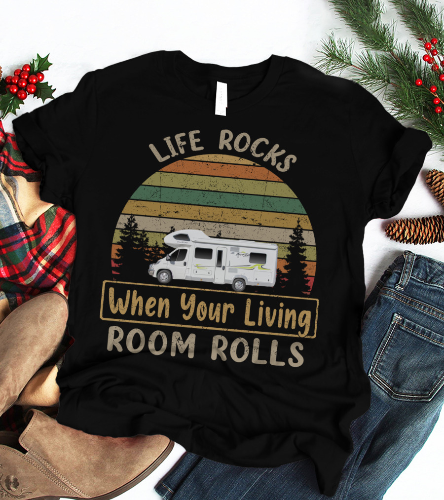 Life Rocks When Your Living Room Rolls Avan Motorhome Vintage Stripes T-Shirt
