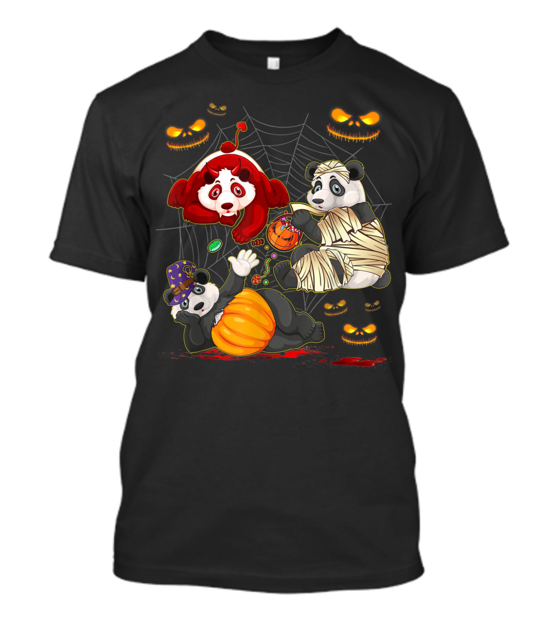 Halloween Panda Trio Mummy Clown Pumpkin Costume With Spider Web And Jack-o'-Lanterns T-Shirt
