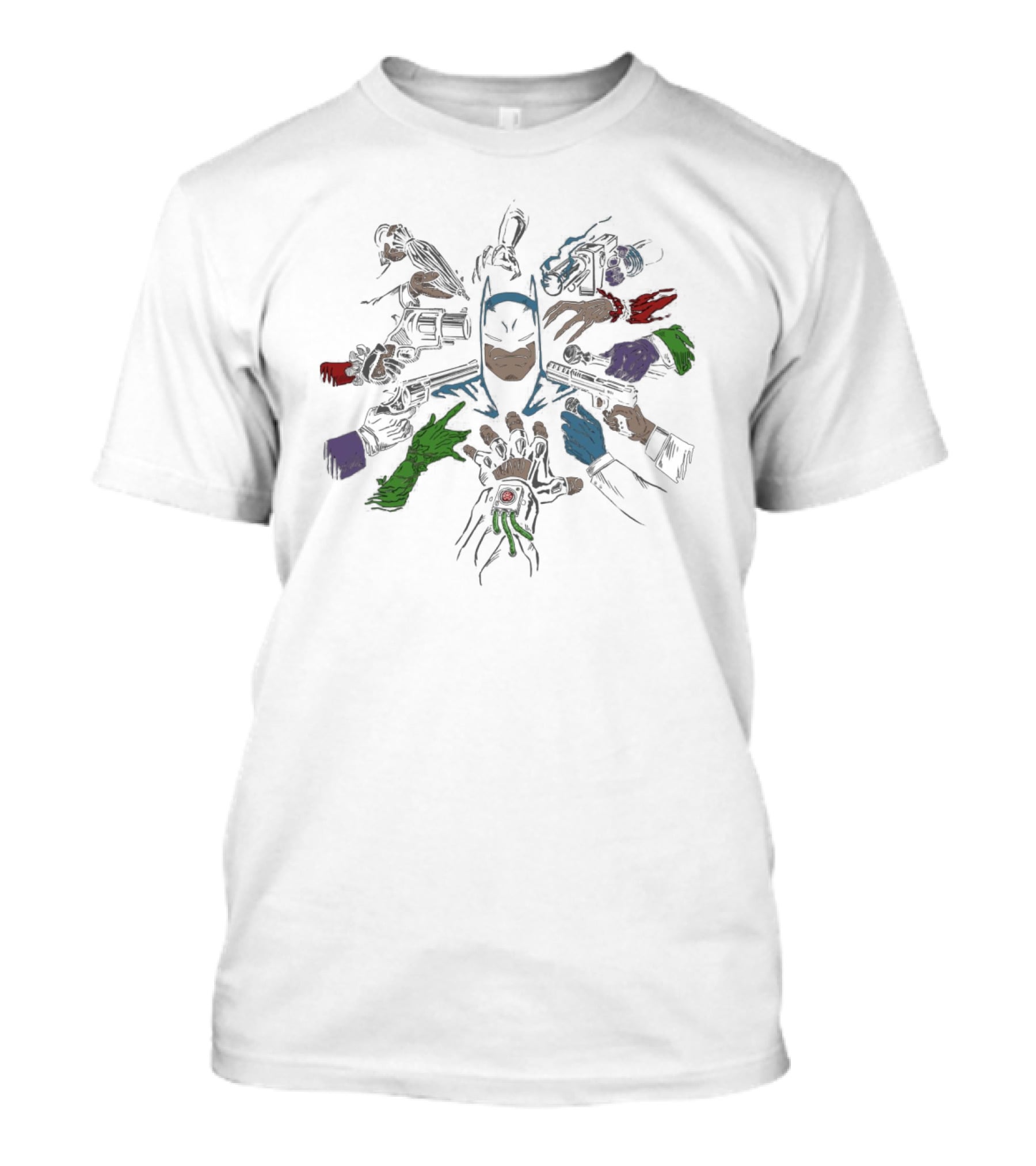 Batman Surrounded By Villains' Hands Batwick Ript T-Shirt