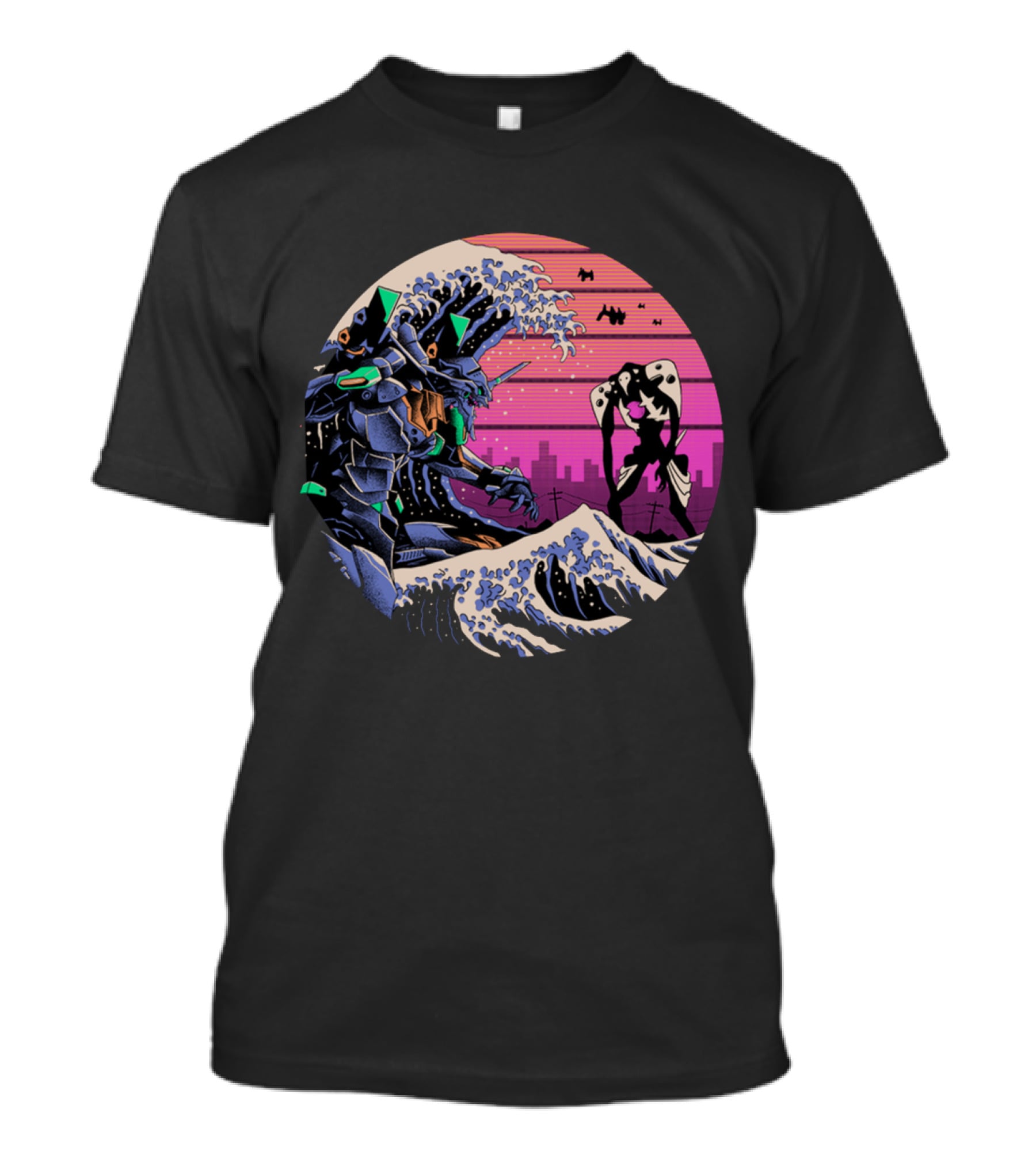 Neon Genesis Evangelion Retro Wave Style Giant Mecha Ocean Scene T-Shirt
