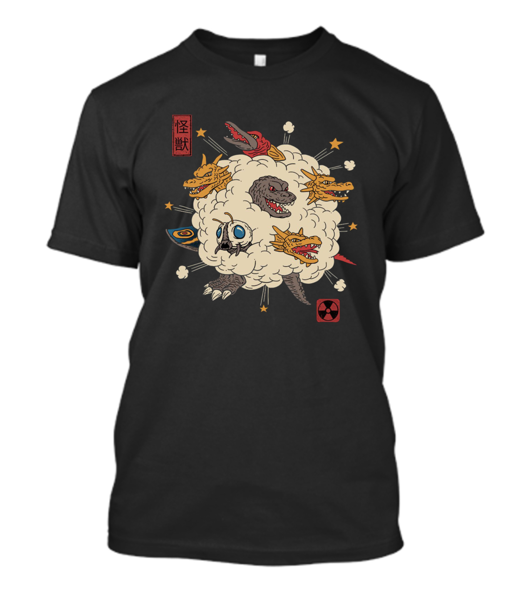 Kaiju Rumble Monster Battle Scene With Nuclear Symbol And Japanese Characters T-Shirt