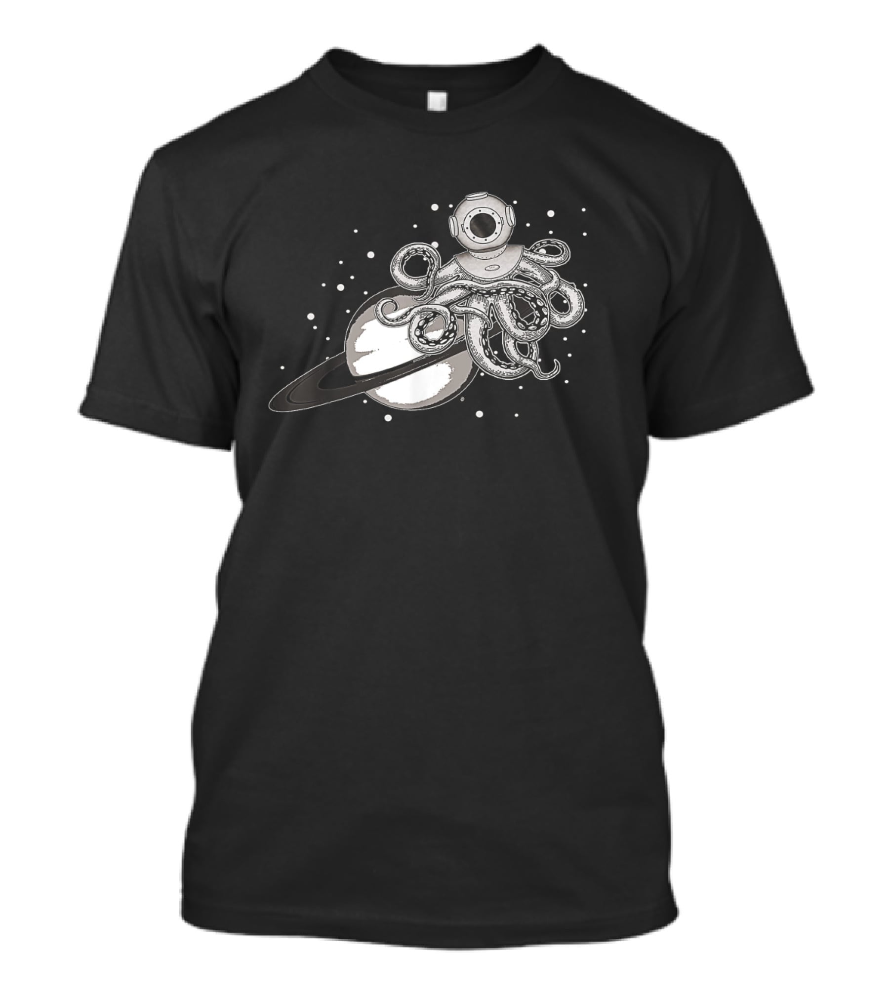 Steampunk Octopus With Diving Helmet Floating In Space By Ringed Planet T-Shirt