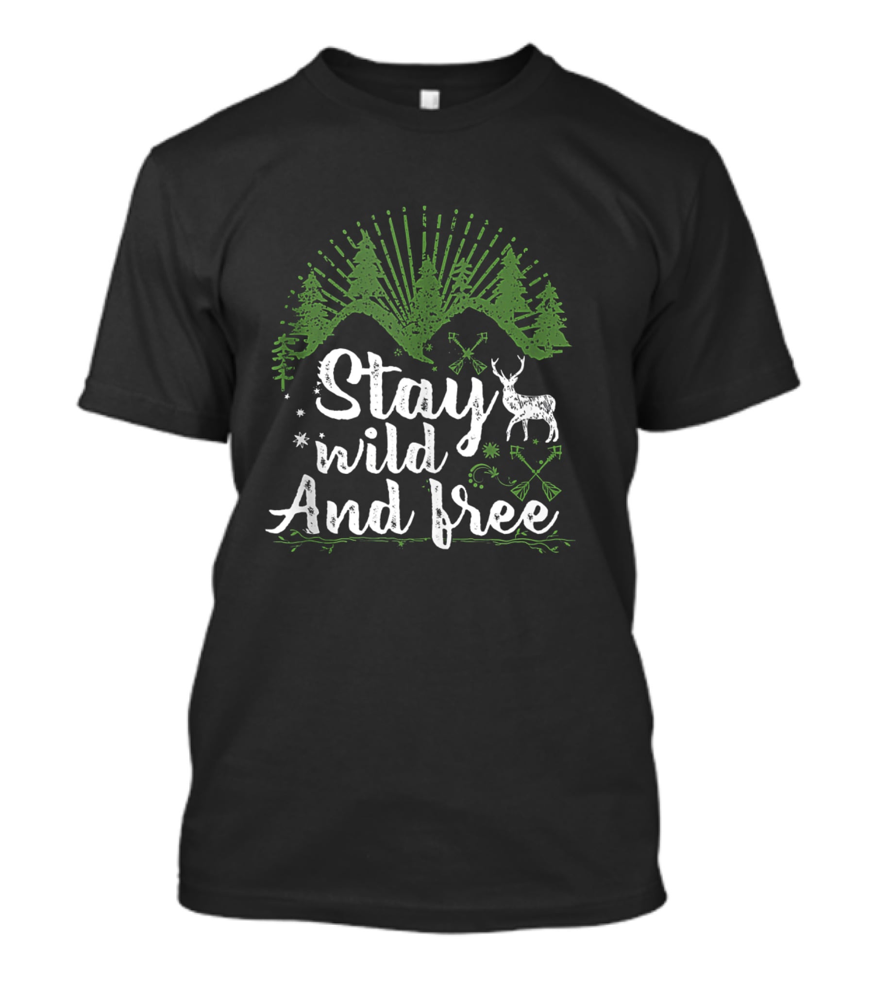 Stay Wild And Free Camp Motivational Motto With Green Mountain And Deer Forest Scene T-Shirt