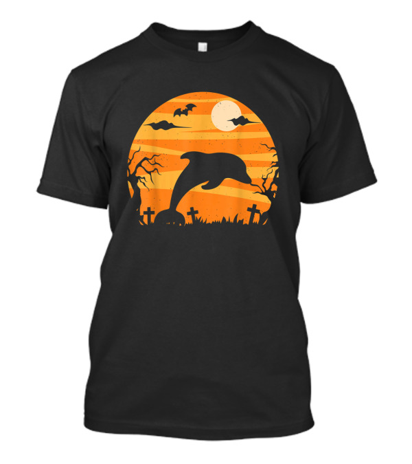 Dolphin Halloween Moon Graveyard Scene With Bats And Trees T-Shirt