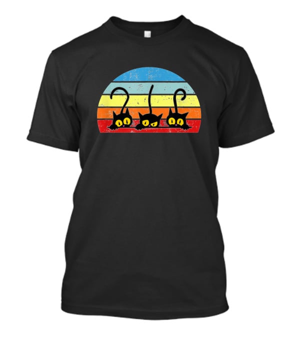 Three Playful Kitties Retro Striped Sunset Background T-Shirt