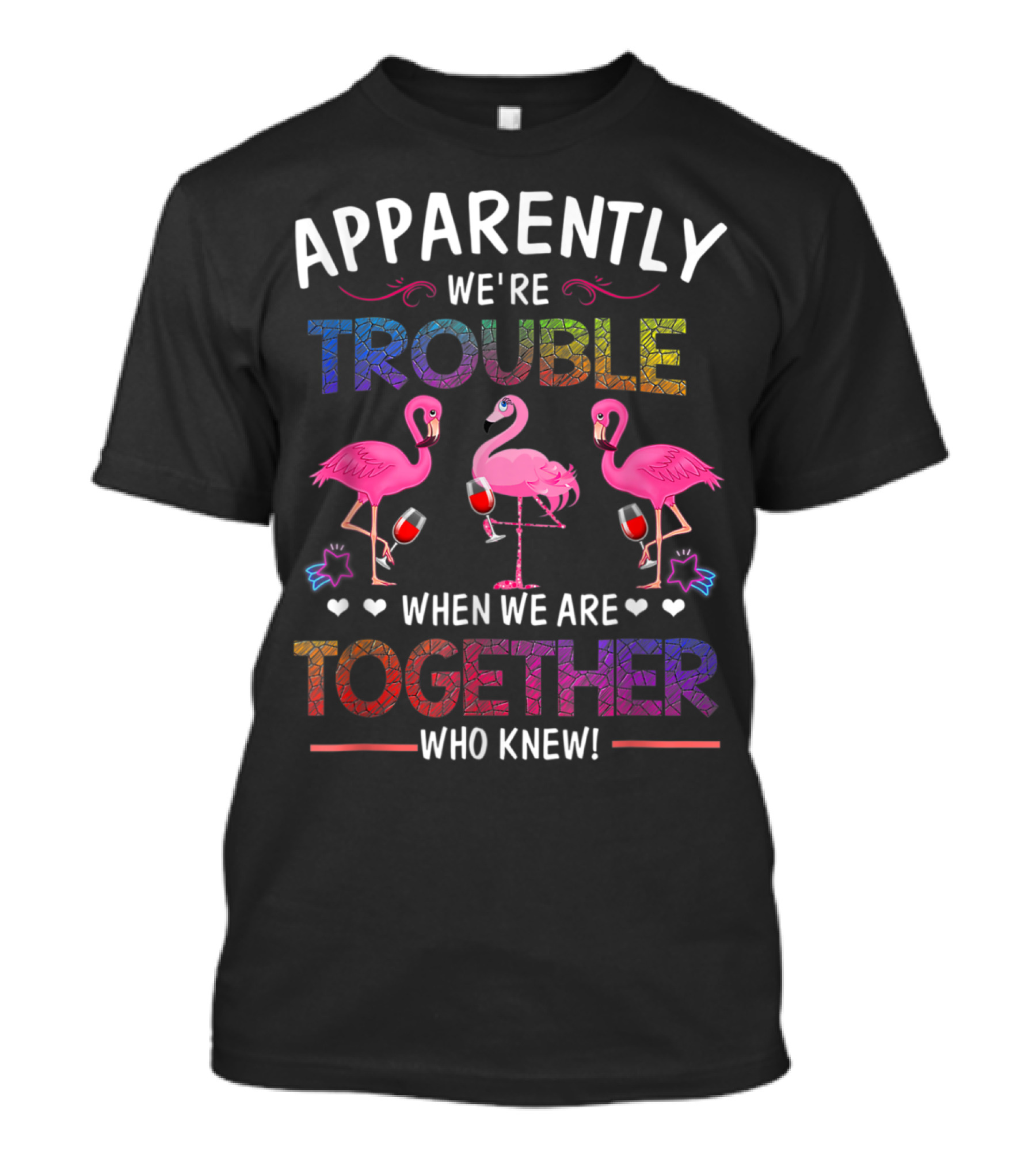 Apparently We're Trouble When We Are Together Who Knew Flamingo Wine Glass Party T-Shirt