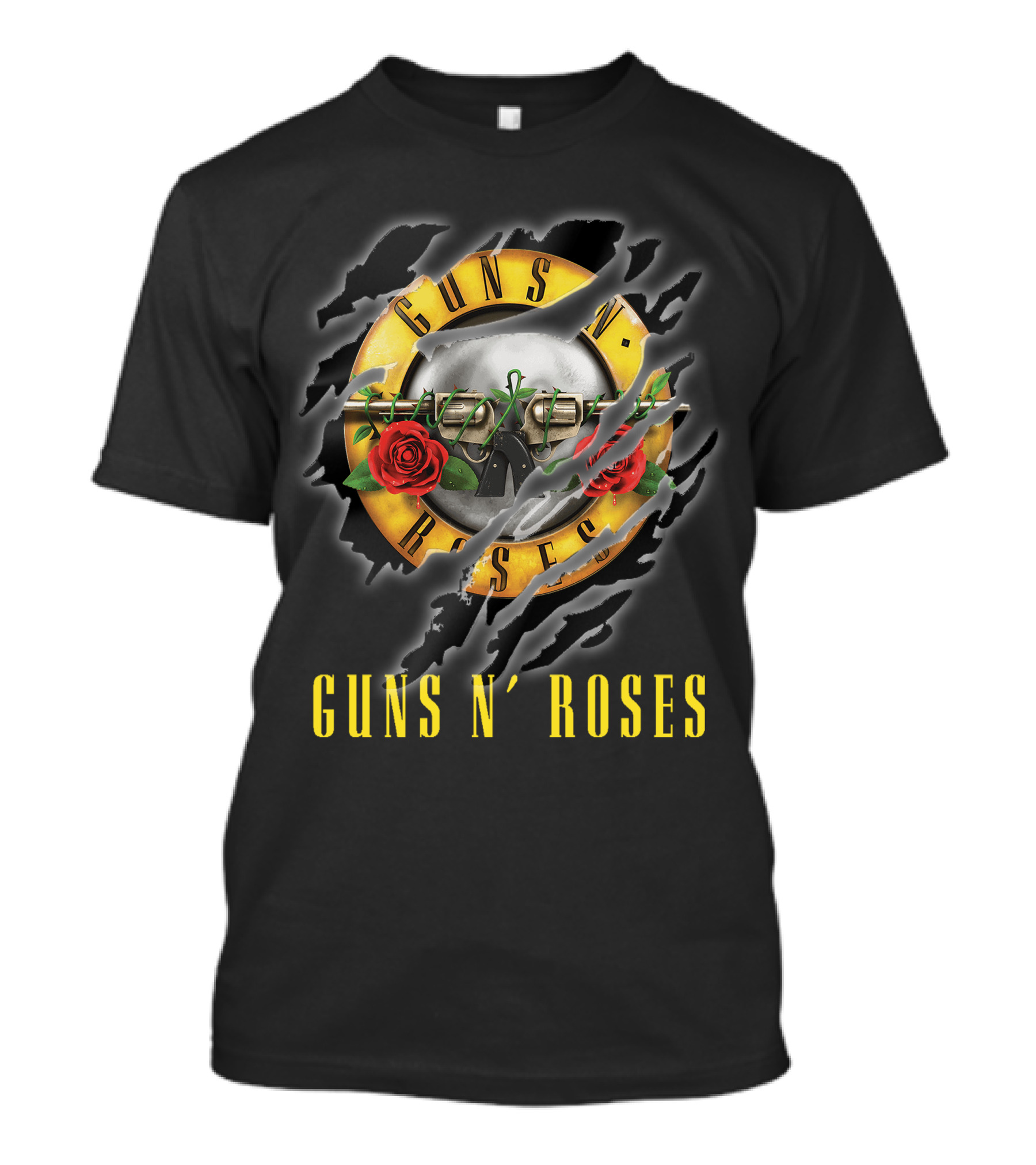 Guns N' Roses Logo With Pistols And Red Roses On Black T-Shirt