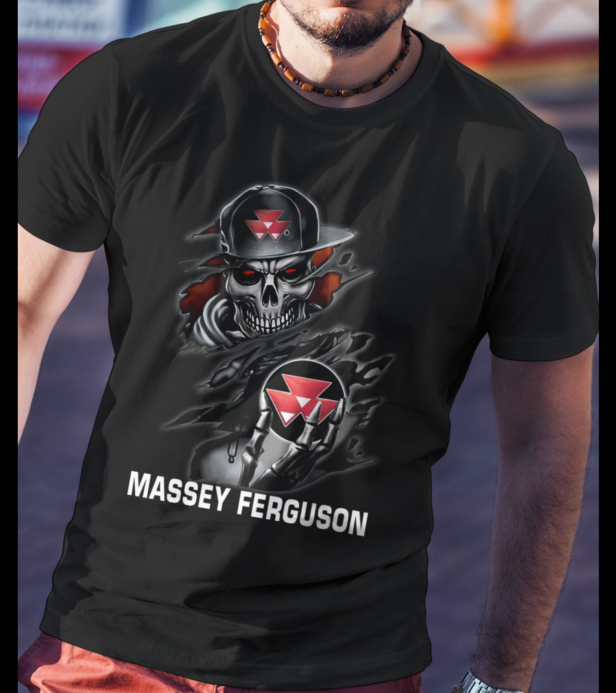 Massey Ferguson Skull Emblem Red Triangle Motif T-Shirt