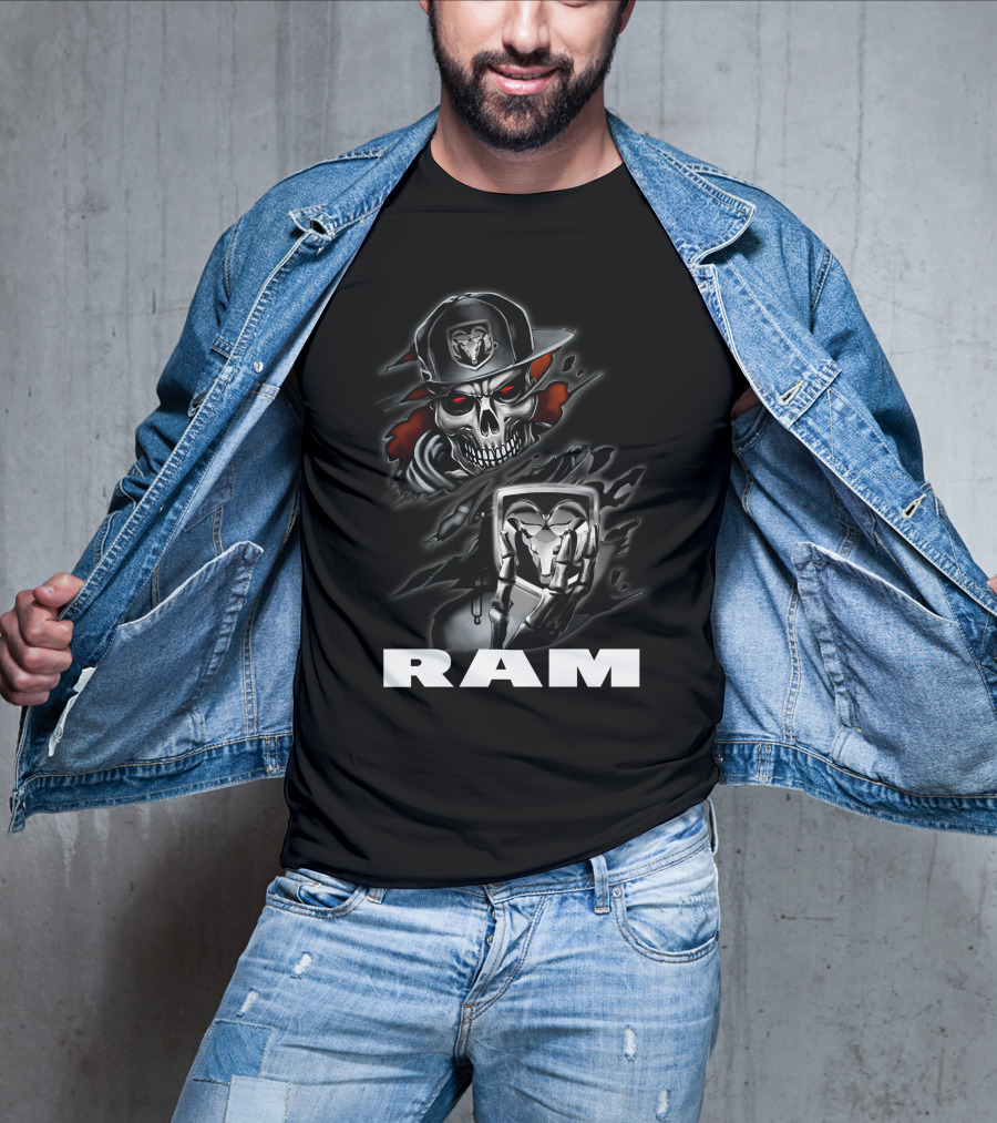 Ram Skull Skeleton With Baseball Cap And Glowing Red Eyes T-Shirt