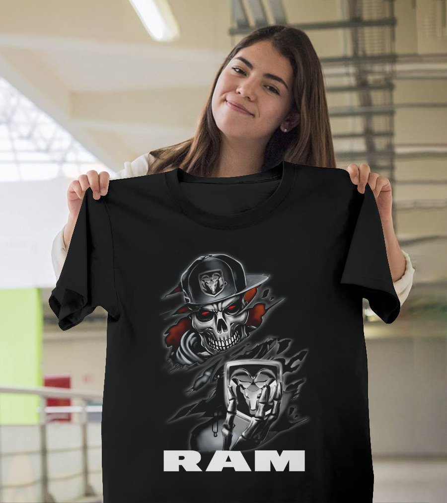 Ram Skull Skeleton With Baseball Cap And Glowing Red Eyes T-Shirt