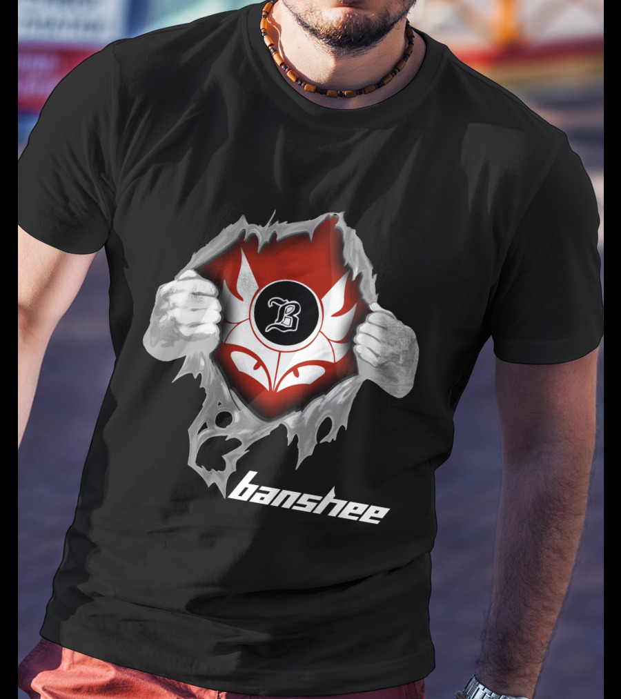 Banshee Ripped Logo With Winged Emblem And Bold Letter B On Dark T-Shirt