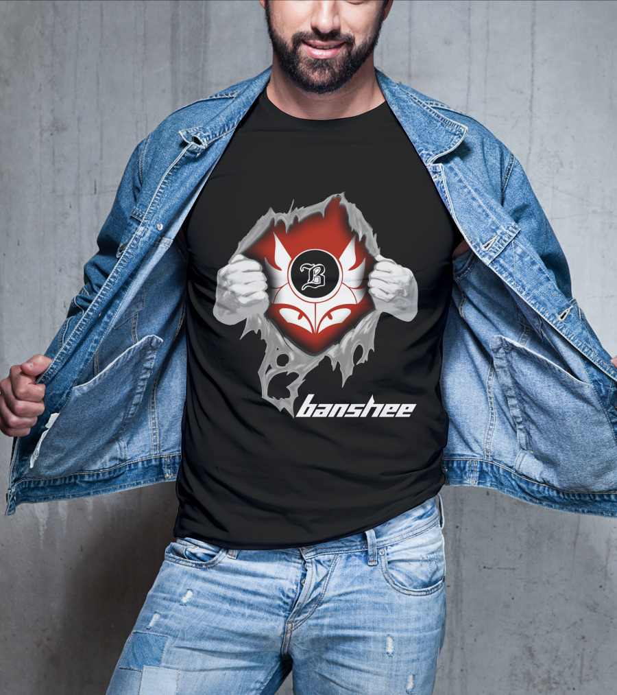Banshee Ripped Logo With Winged Emblem And Bold Letter B On Dark T-Shirt