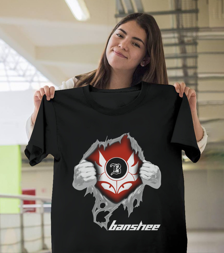 Banshee Ripped Logo With Winged Emblem And Bold Letter B On Dark T-Shirt