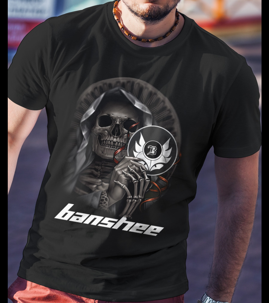 Banshee Skeleton Holding Emblem With Hooded Cloak And Stylized T-Shirt