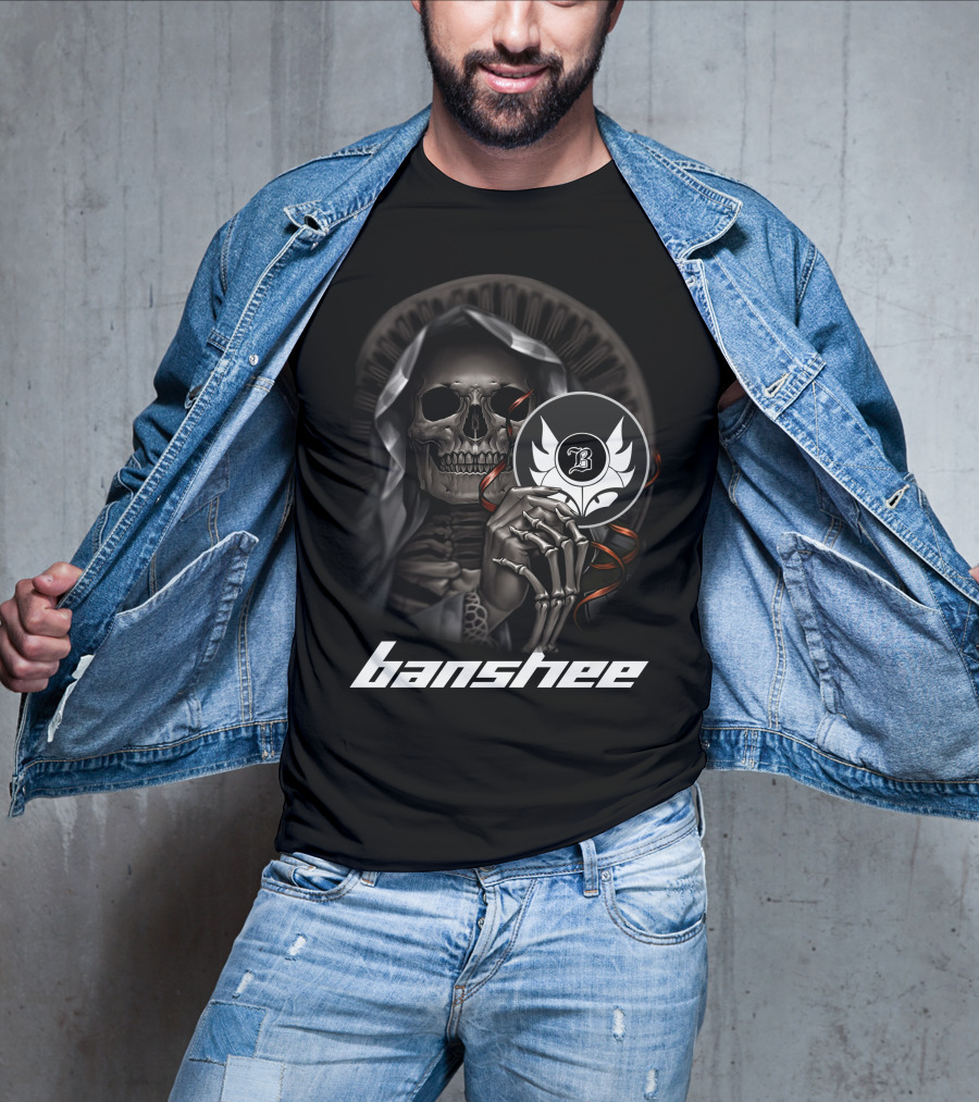 Banshee Skeleton Holding Emblem With Hooded Cloak And Stylized T-Shirt