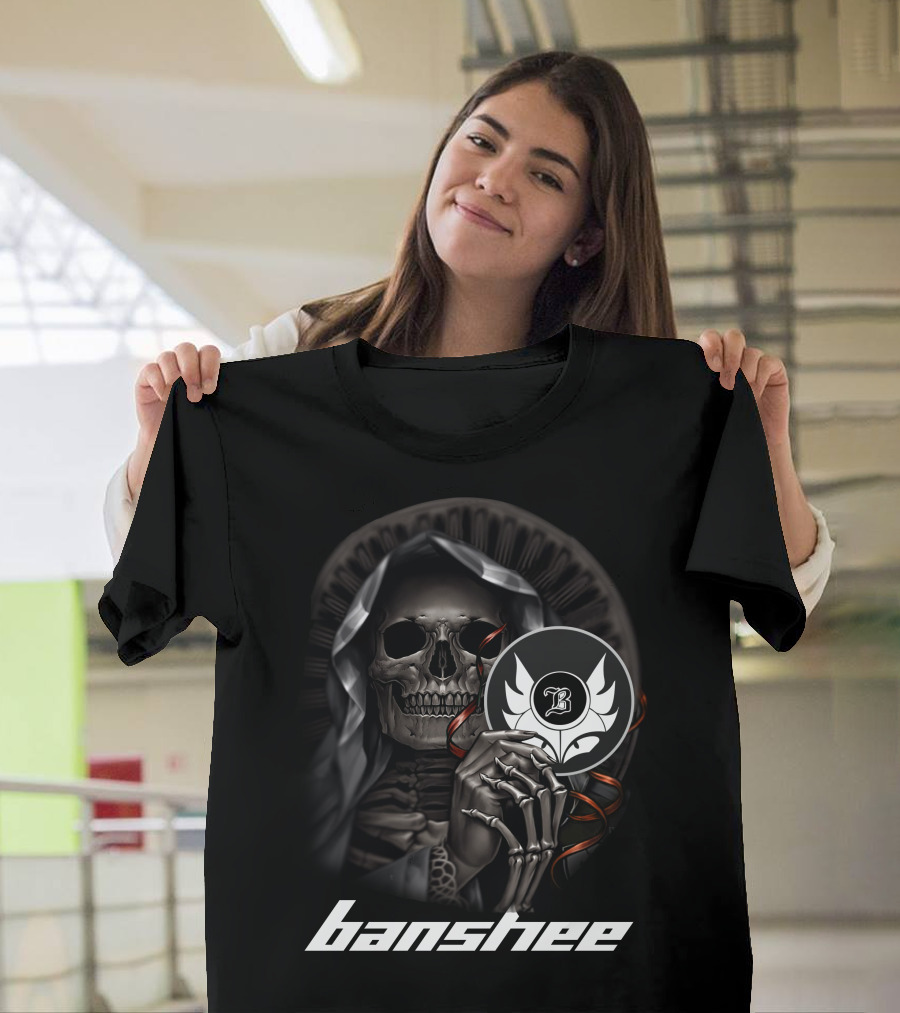 Banshee Skeleton Holding Emblem With Hooded Cloak And Stylized T-Shirt