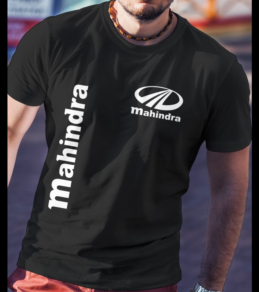Mahindra Vertical Text With Iconic Logo Bold T-Shirt