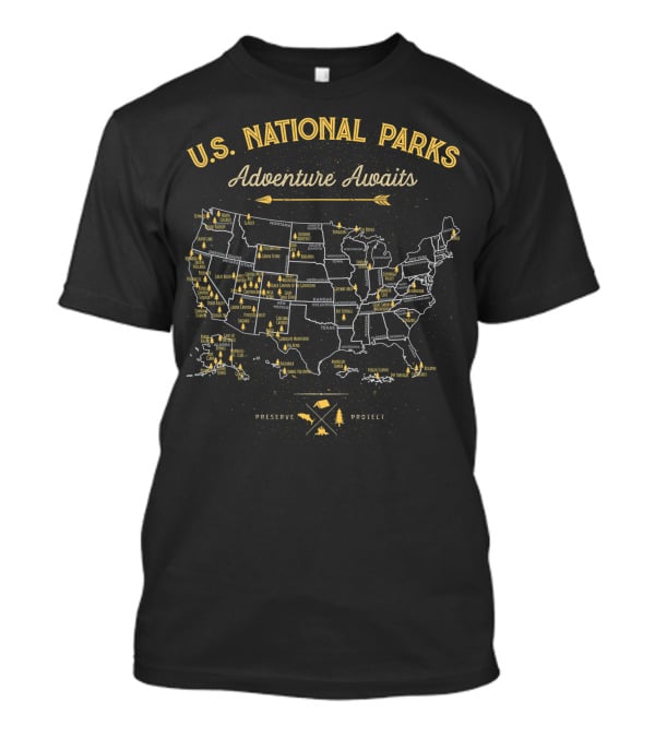 U.S. National Parks Adventure Awaits Preserve Protect Map Vintage Camping Hiking T-Shirt