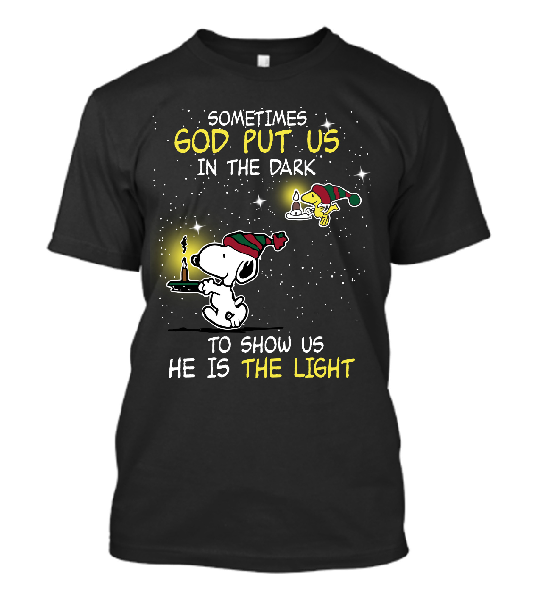 Sometimes God Put Us In The Dark He Is The Light Snoopy And Woodstock Candles T-Shirt