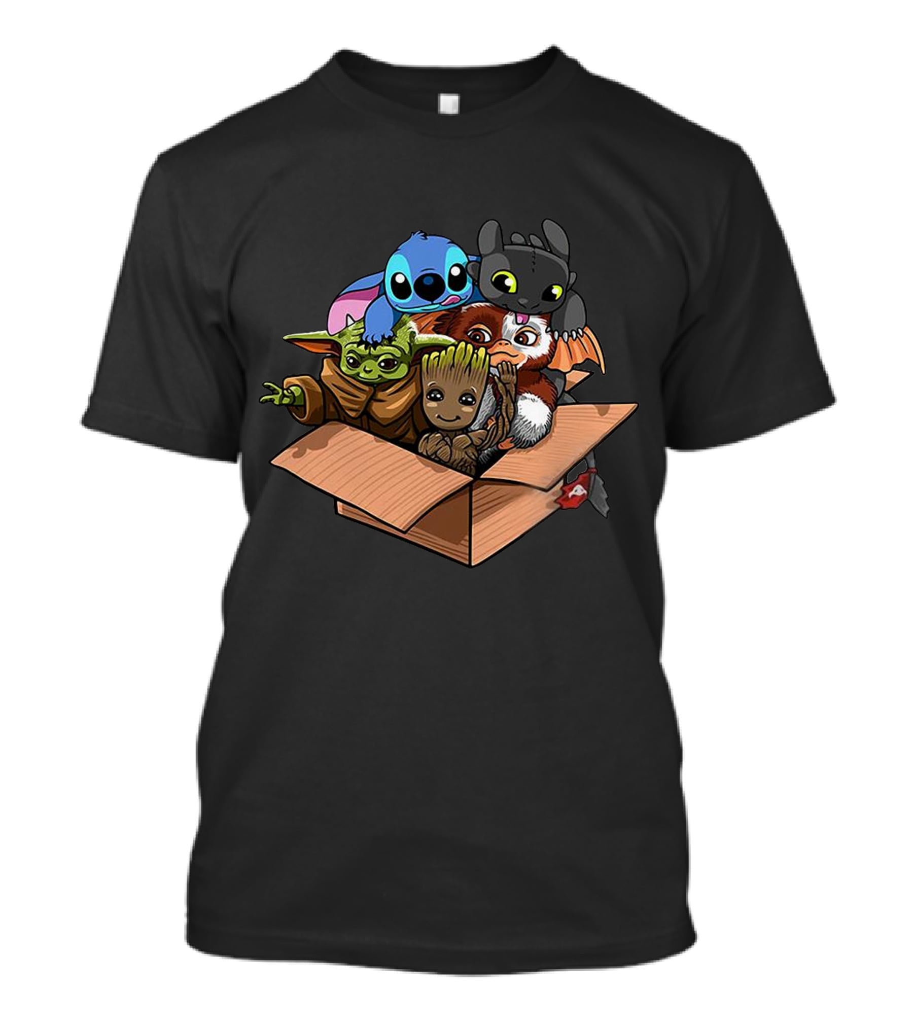 Baby Characters In Box Yoda Groot Stitch Toothless Gizmo T-Shirt