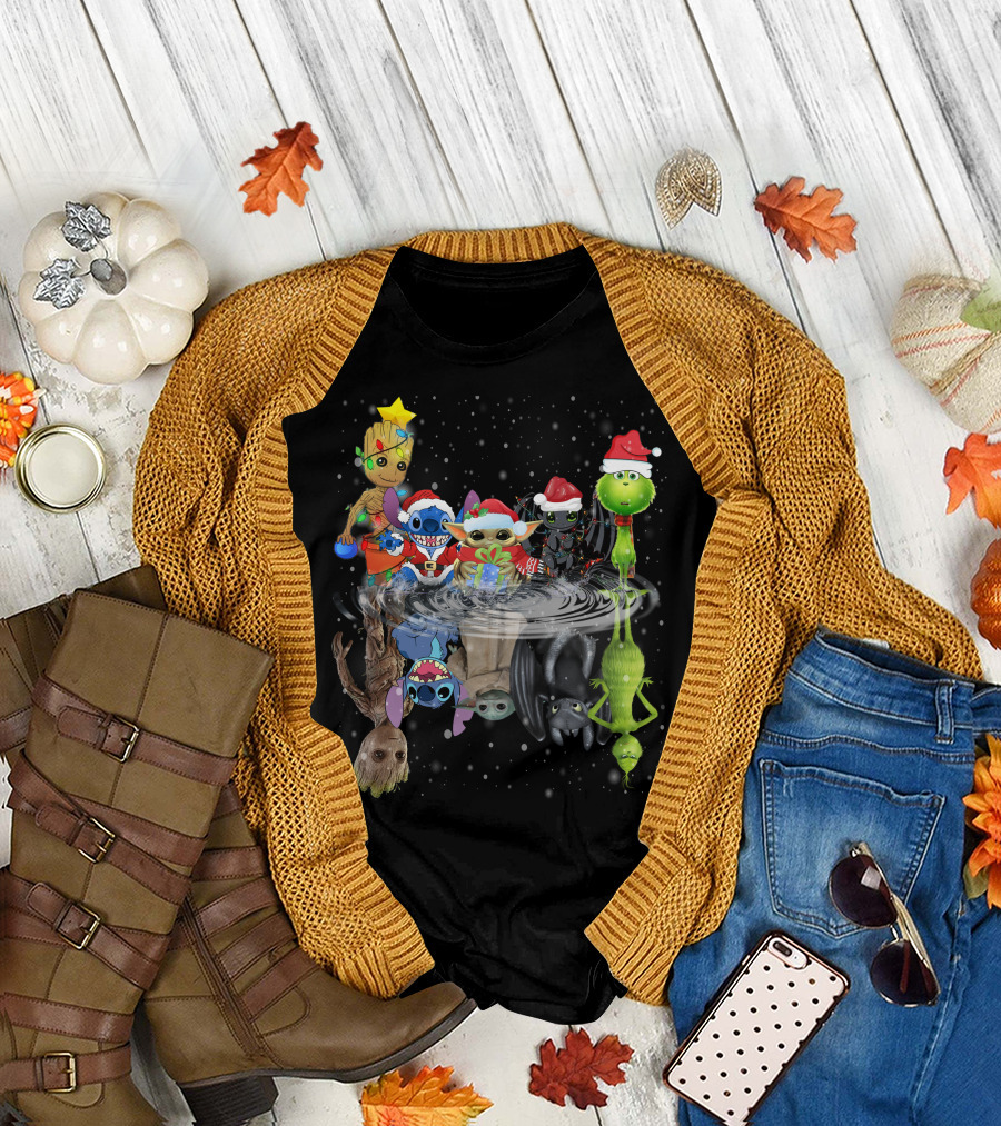 Groot Stitch Yoda Grinch Christmas Reflection T-Shirt