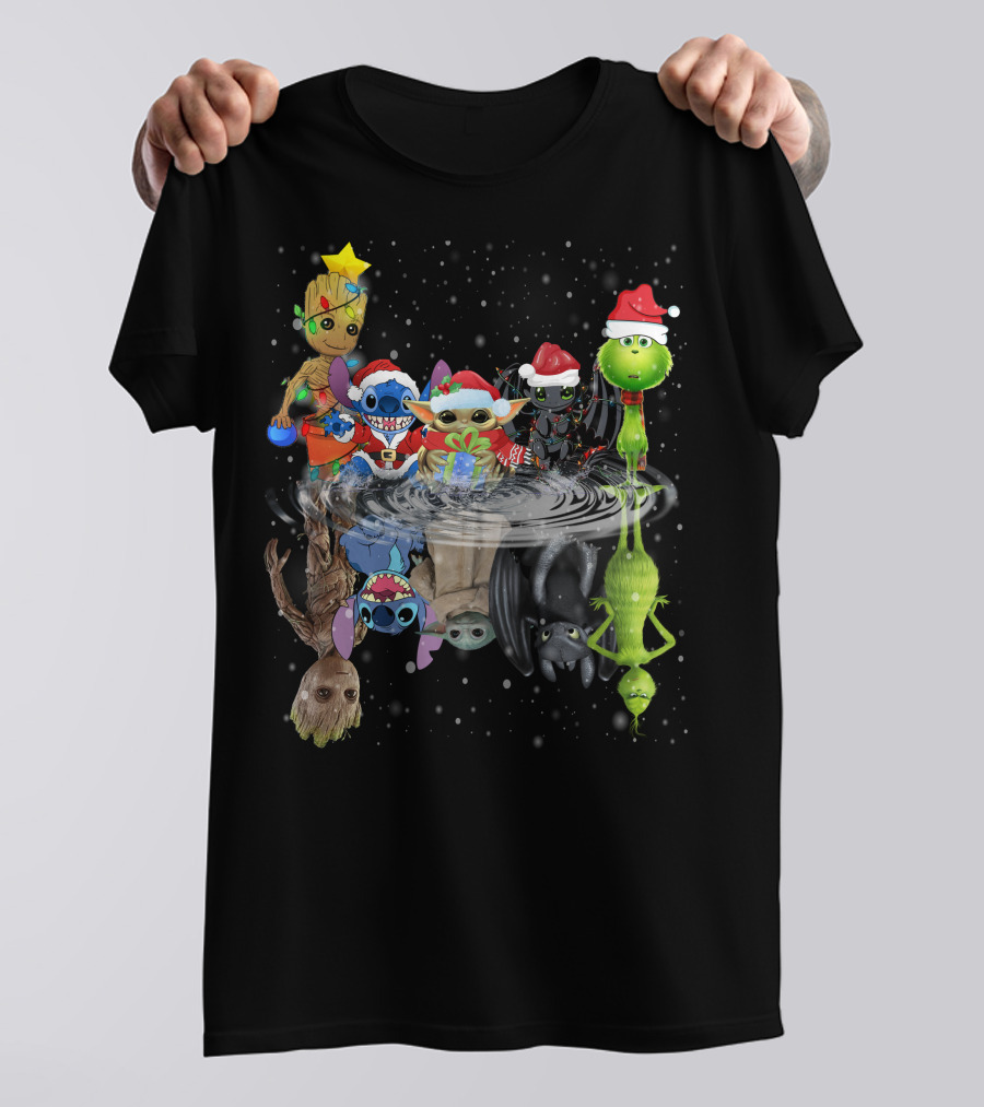 Groot Stitch Yoda Grinch Christmas Reflection T-Shirt