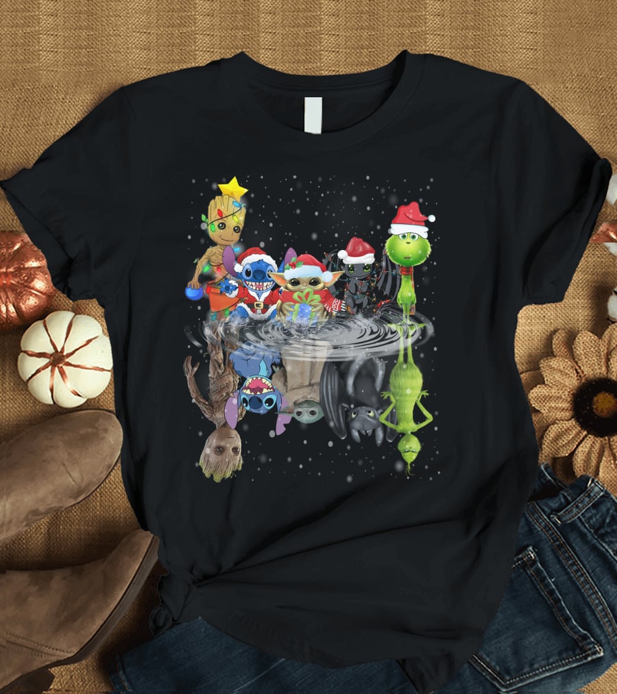 Groot Stitch Yoda Grinch Christmas Reflection T-Shirt
