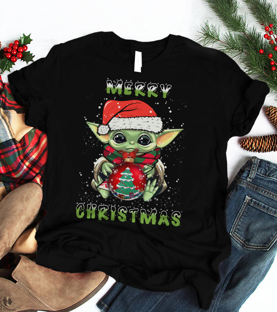 Merry Christmas Baby Alien Santa Hat Snowflakes T-Shirt