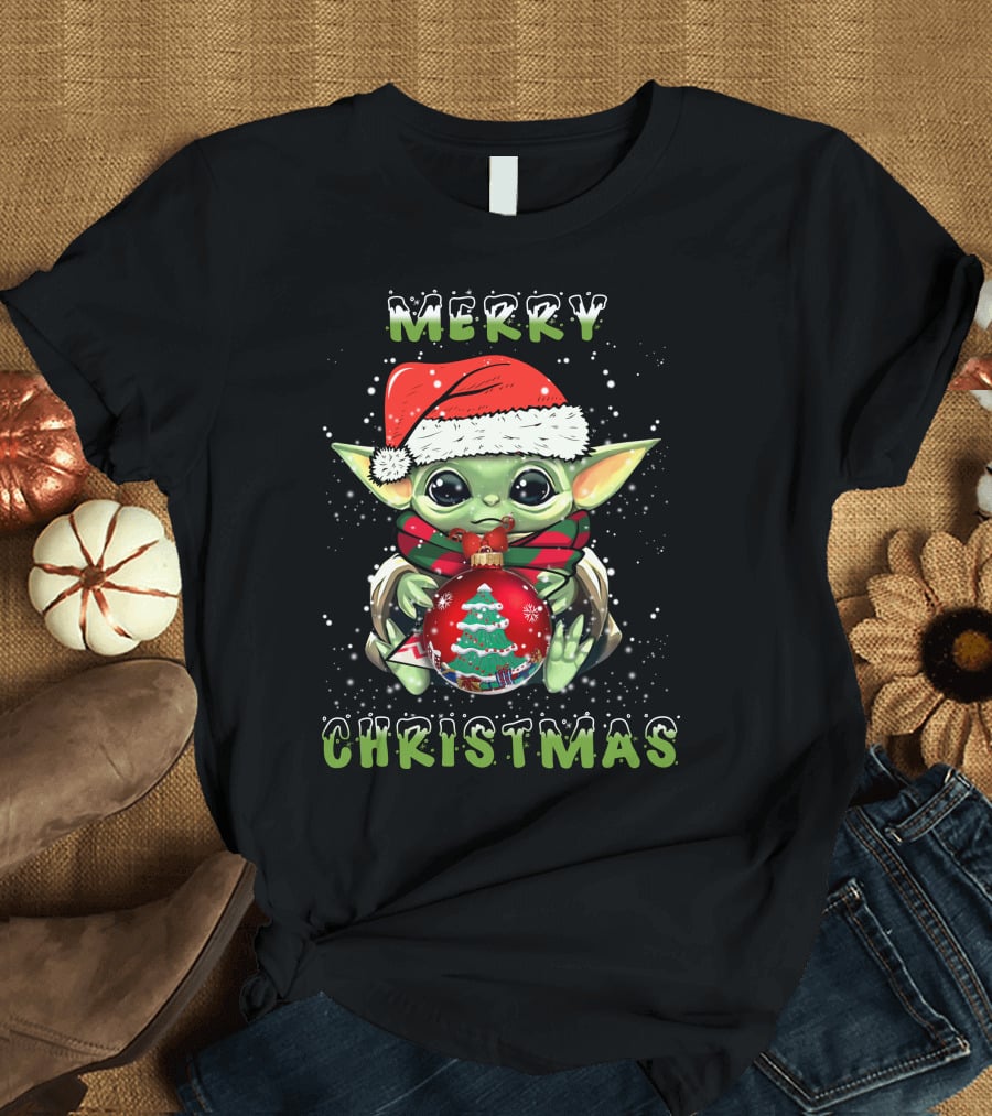 Merry Christmas Baby Alien Santa Hat Snowflakes T-Shirt