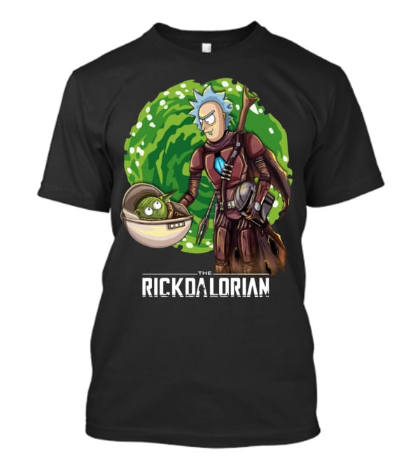 The Rickdalorian With Green Portal Background And Baby Alien Character T-Shirt
