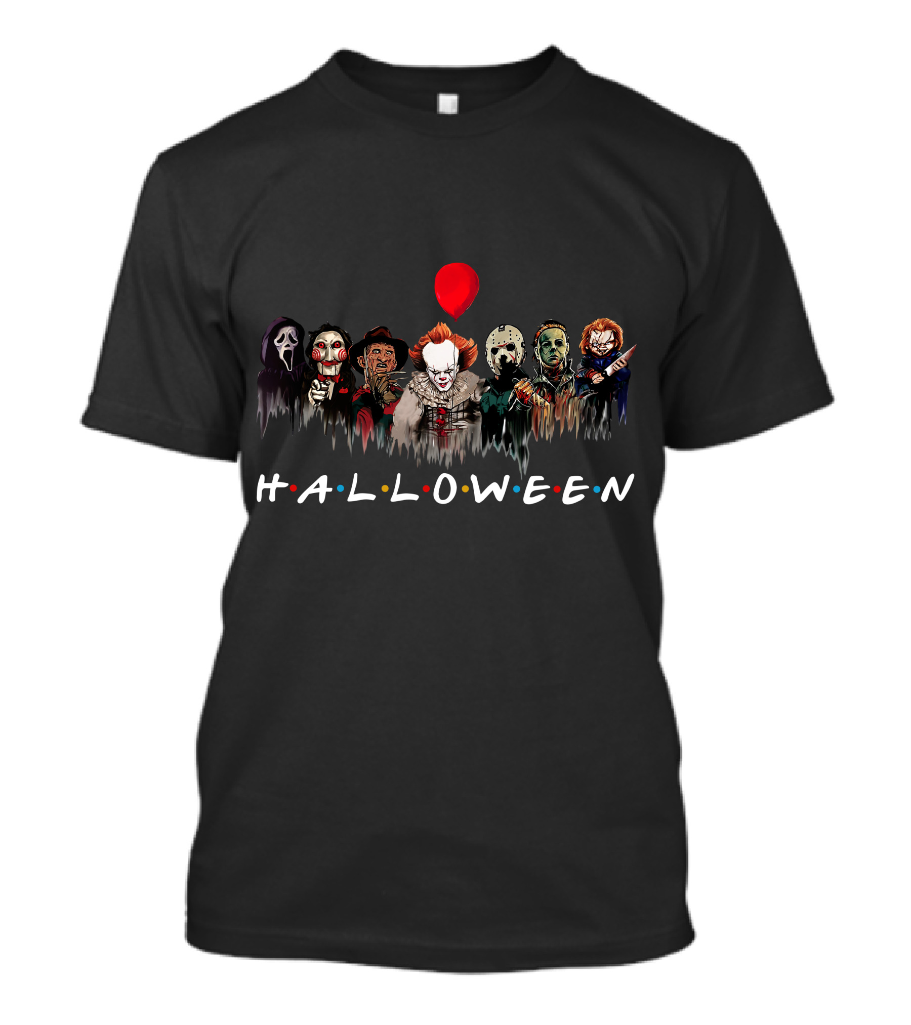 HALLOWEEN ZN699 Horror Movie Villains Group Red Balloon T-Shirt