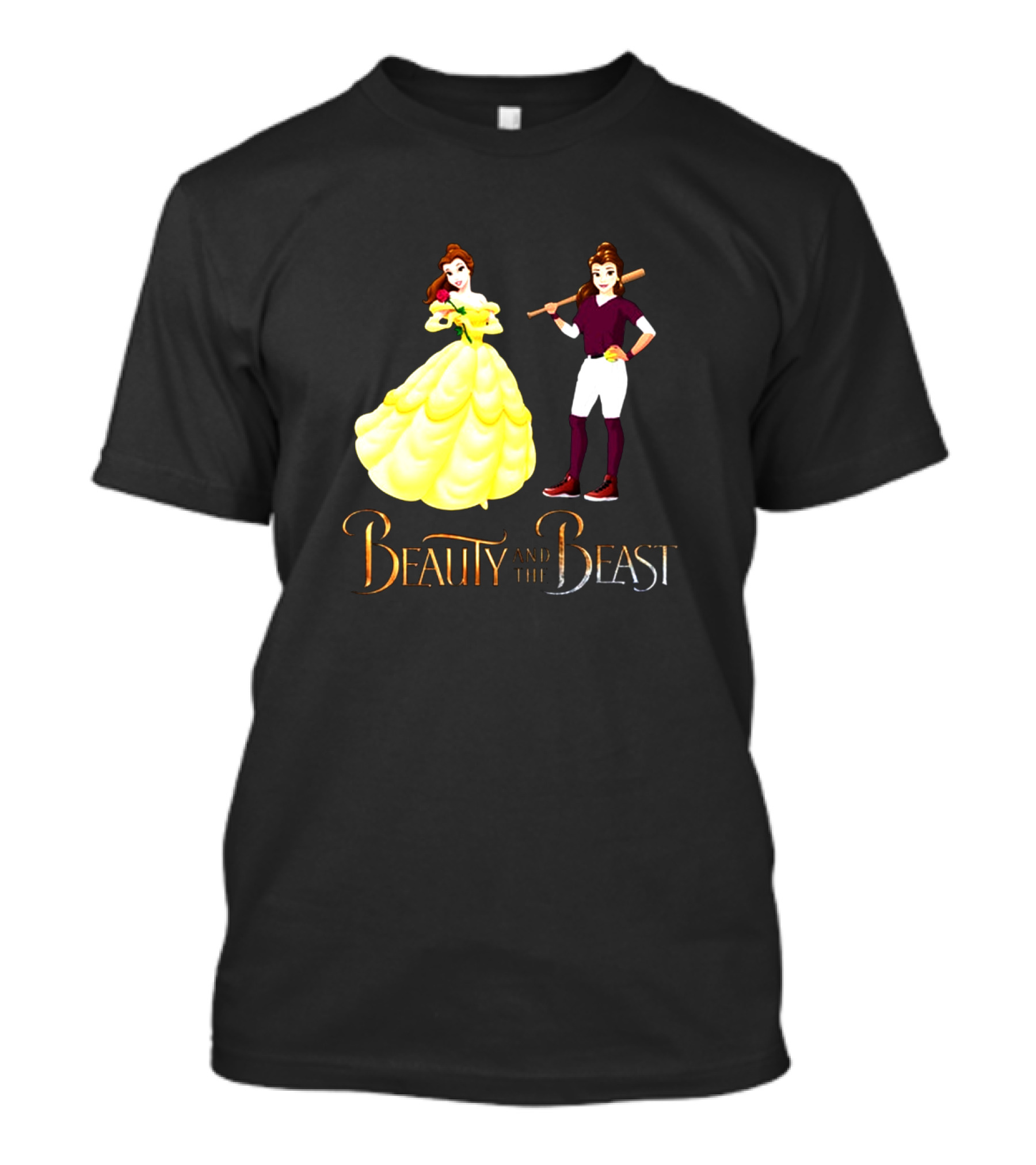 Beauty And The Beast Duality With Belle In Gown And Softball Uniform T-Shirt