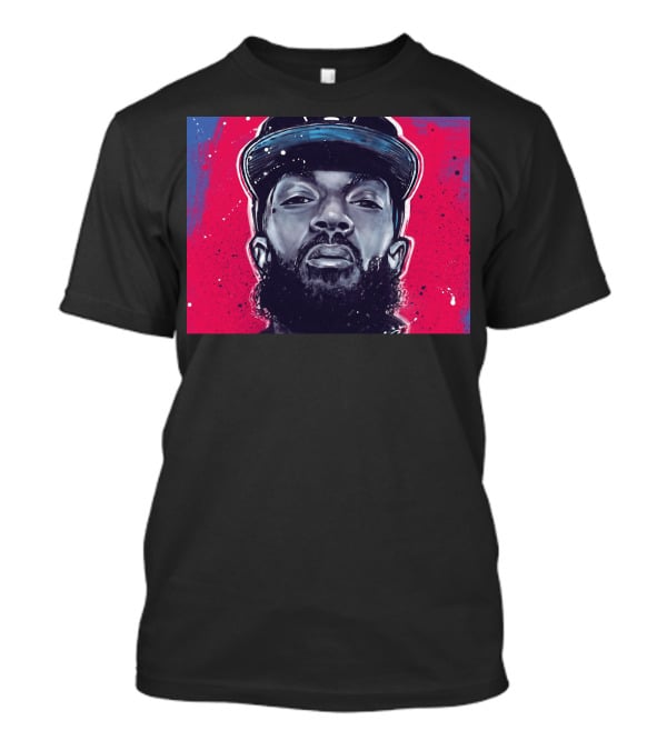 Nipsey Hussle Bold Street Style Portrait With Cap And Vibrant Red Blue T-Shirt