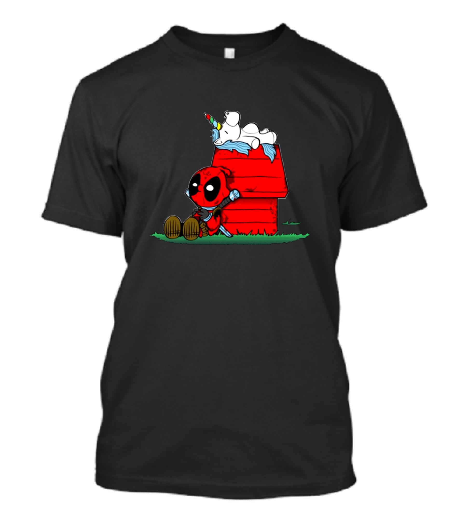 Deadpool And Snoopy Unicorn Crossover On Doghouse With Red And Black Accents T-Shirt