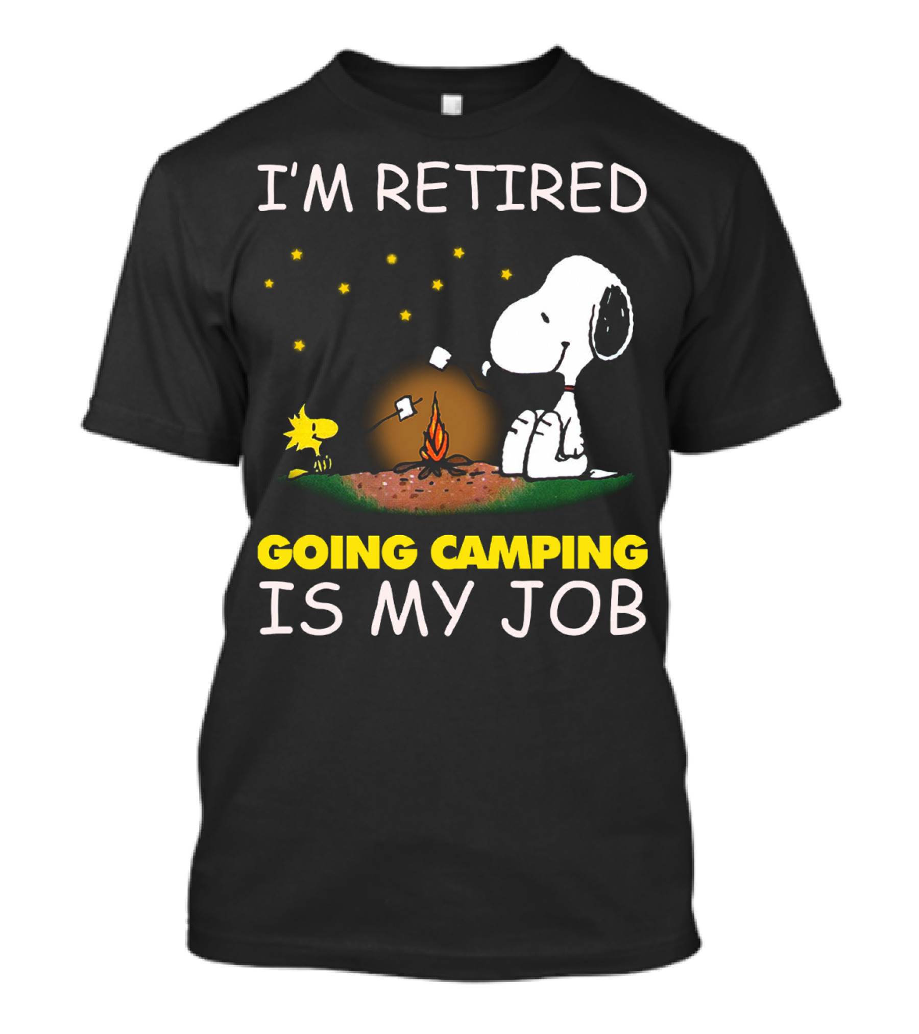 I’m Retired Going Camping Is My Job Snoopy And Woodstock Campfire Scene T-Shirt
