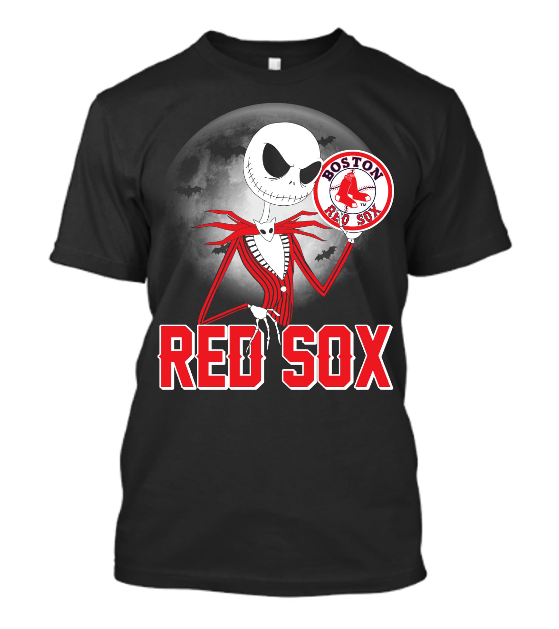 Jack Skellington Holding Boston Red Sox Logo With Halloween Moon Background T-Shirt